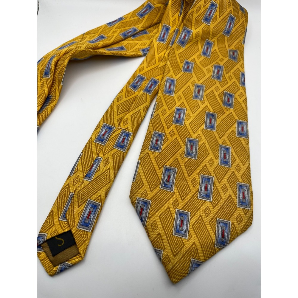 Robert Talbott Studio Mens Silk Tie Mustard Yellow Geometric Blue Red Abstract